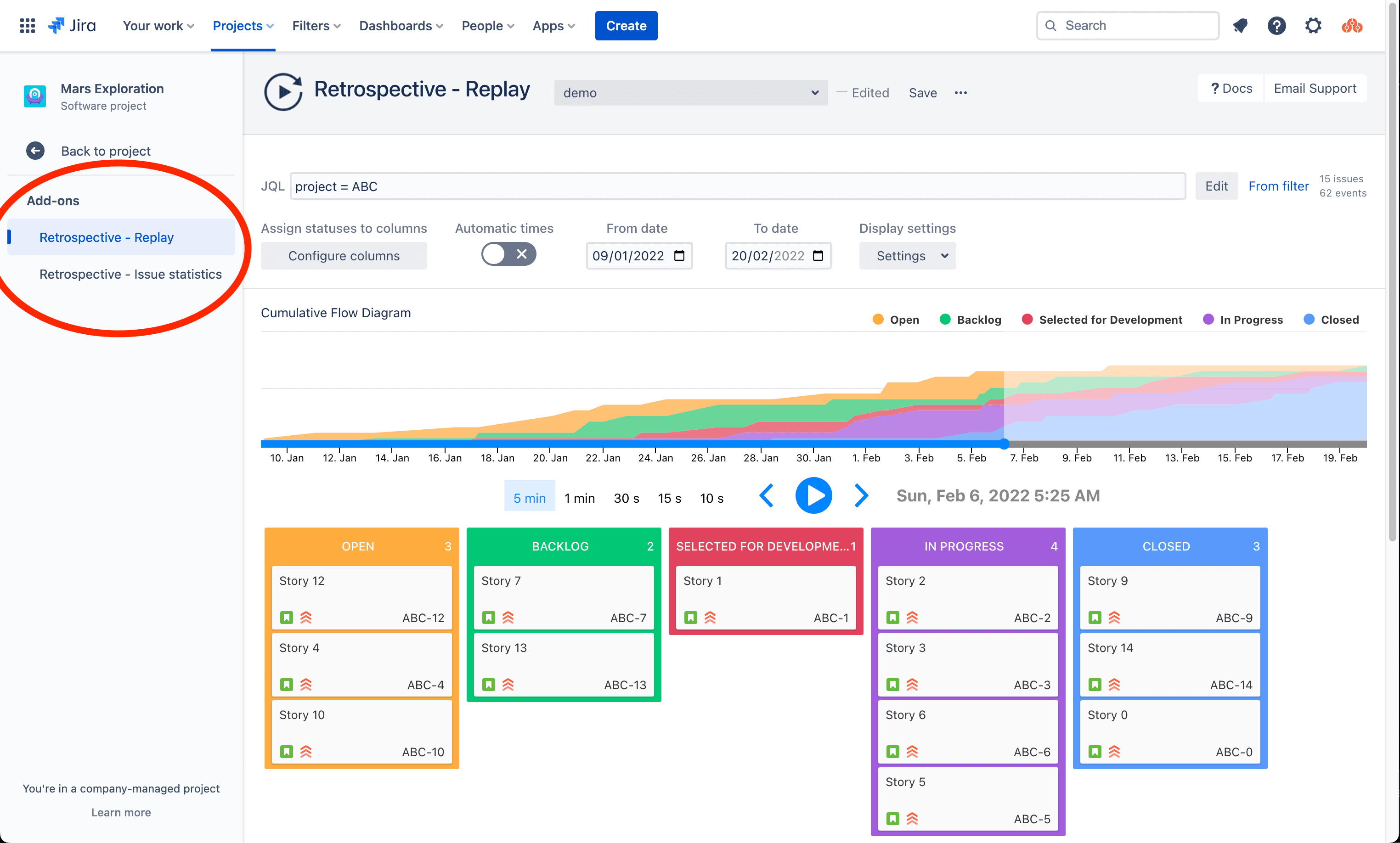 Add-ons in the project view