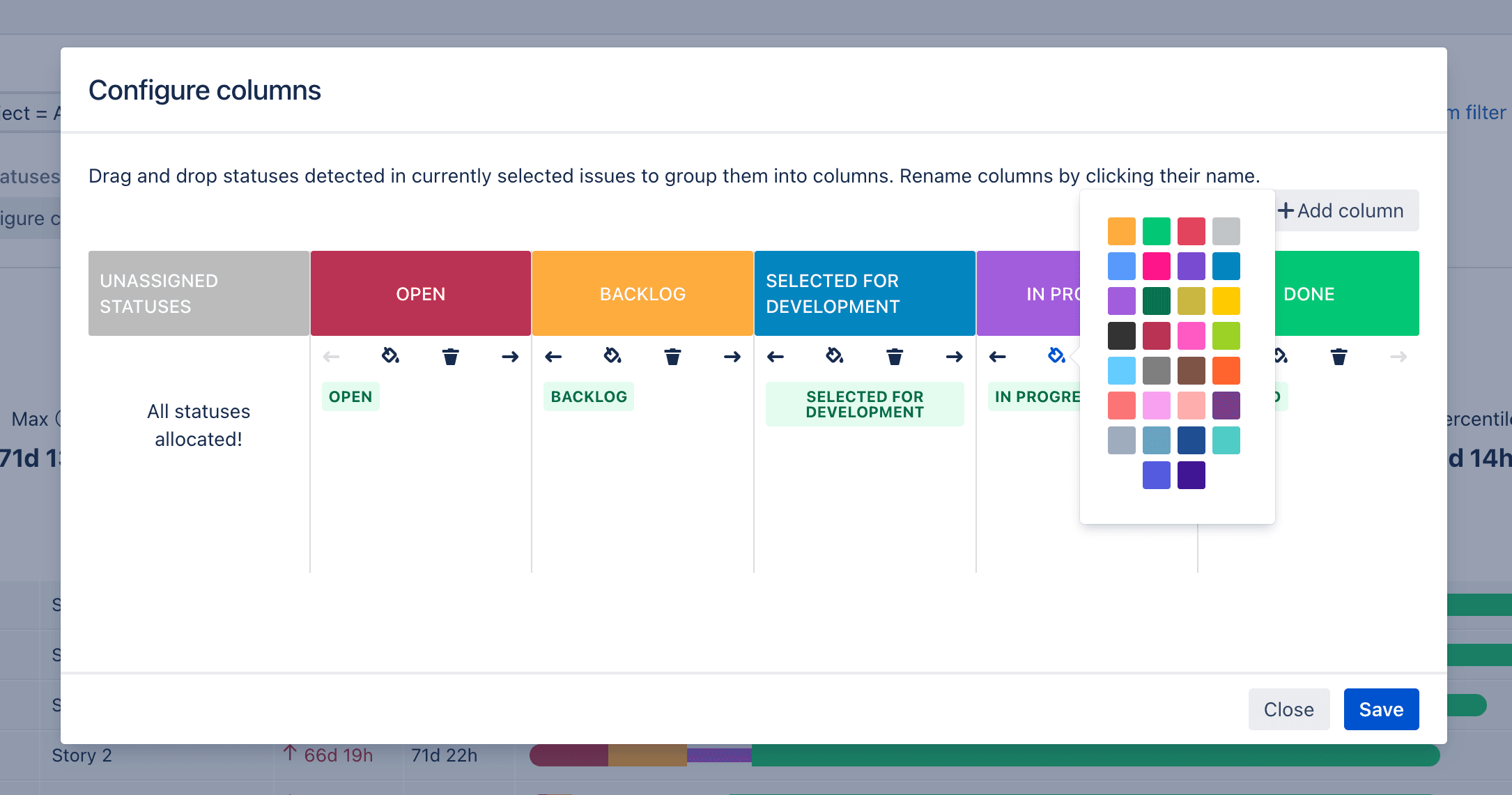 Configure columns dialog