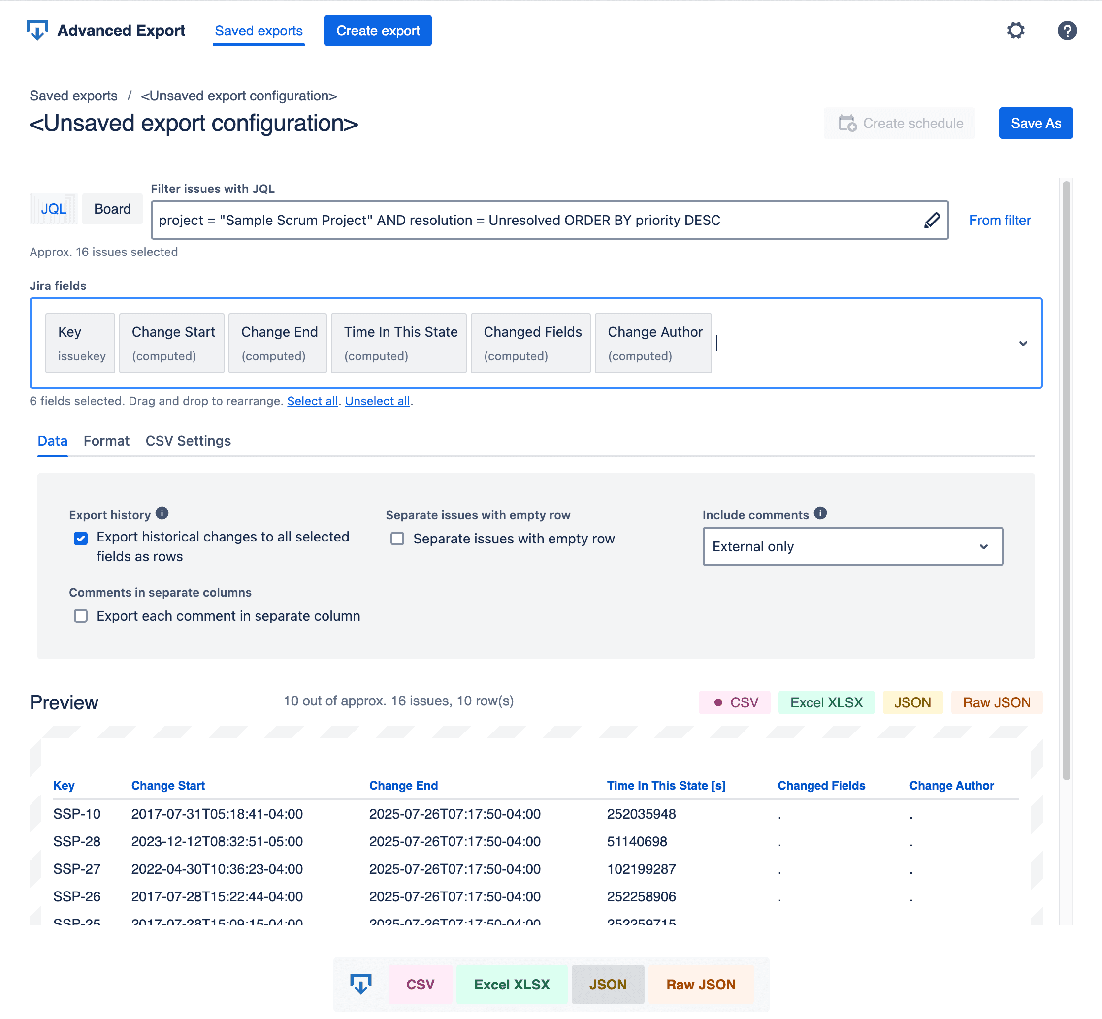 Advanced Export view