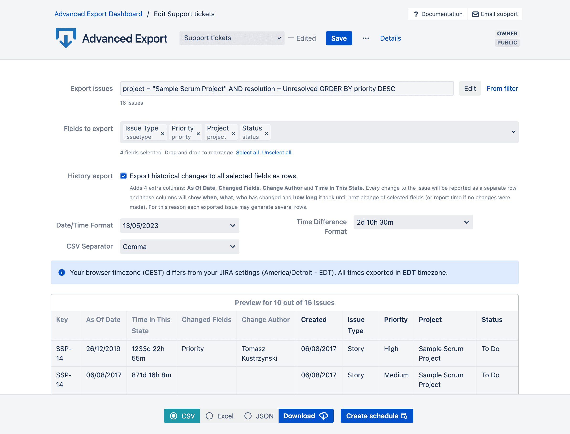 Advanced Export view