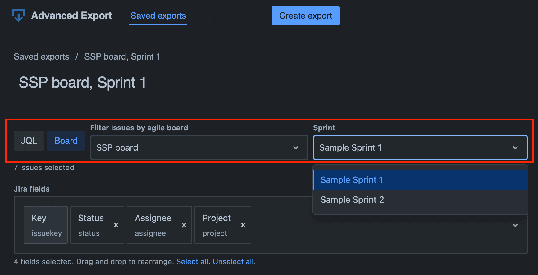 Filter issues by JQL or board and sprint