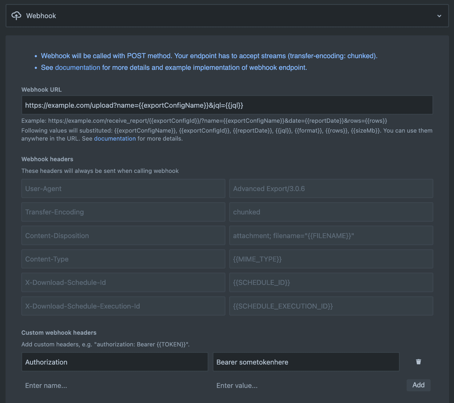 Options for delivering report via webhook POST request