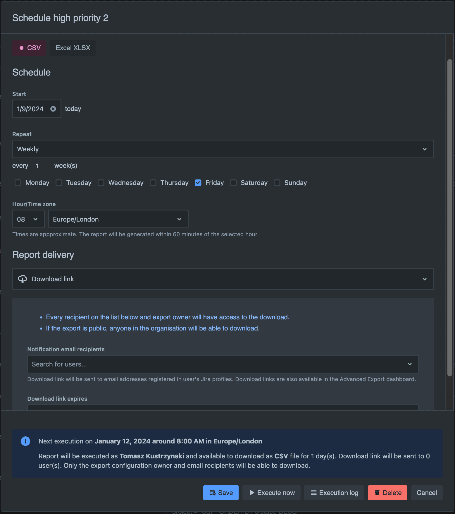 Create/edit schedule dialog