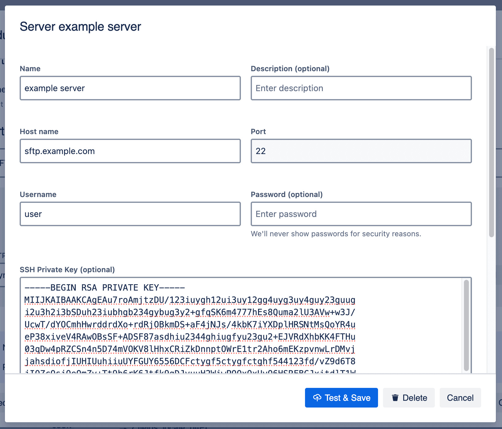 SFTP server configuration supports SSH keys