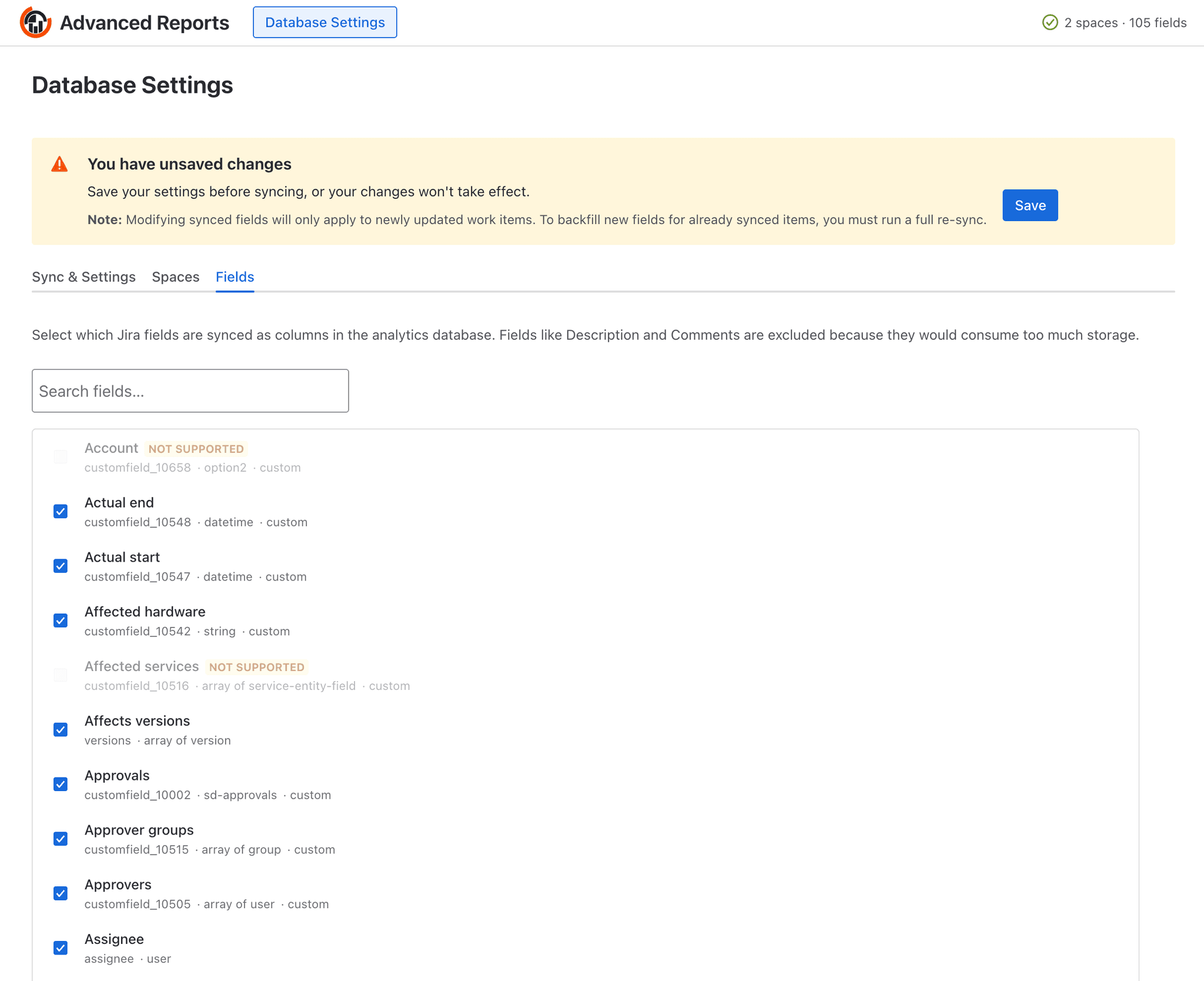 Database Settings — Fields tab