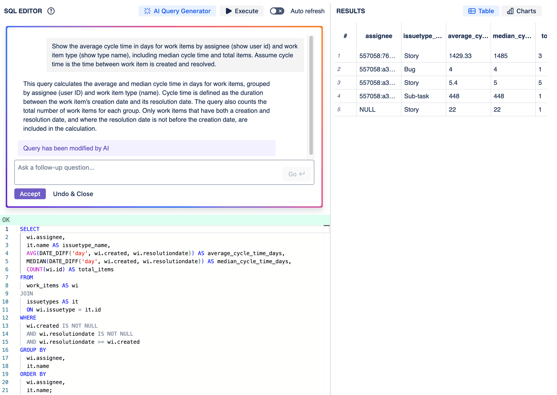 AI Query Generator in SQL Query Editor