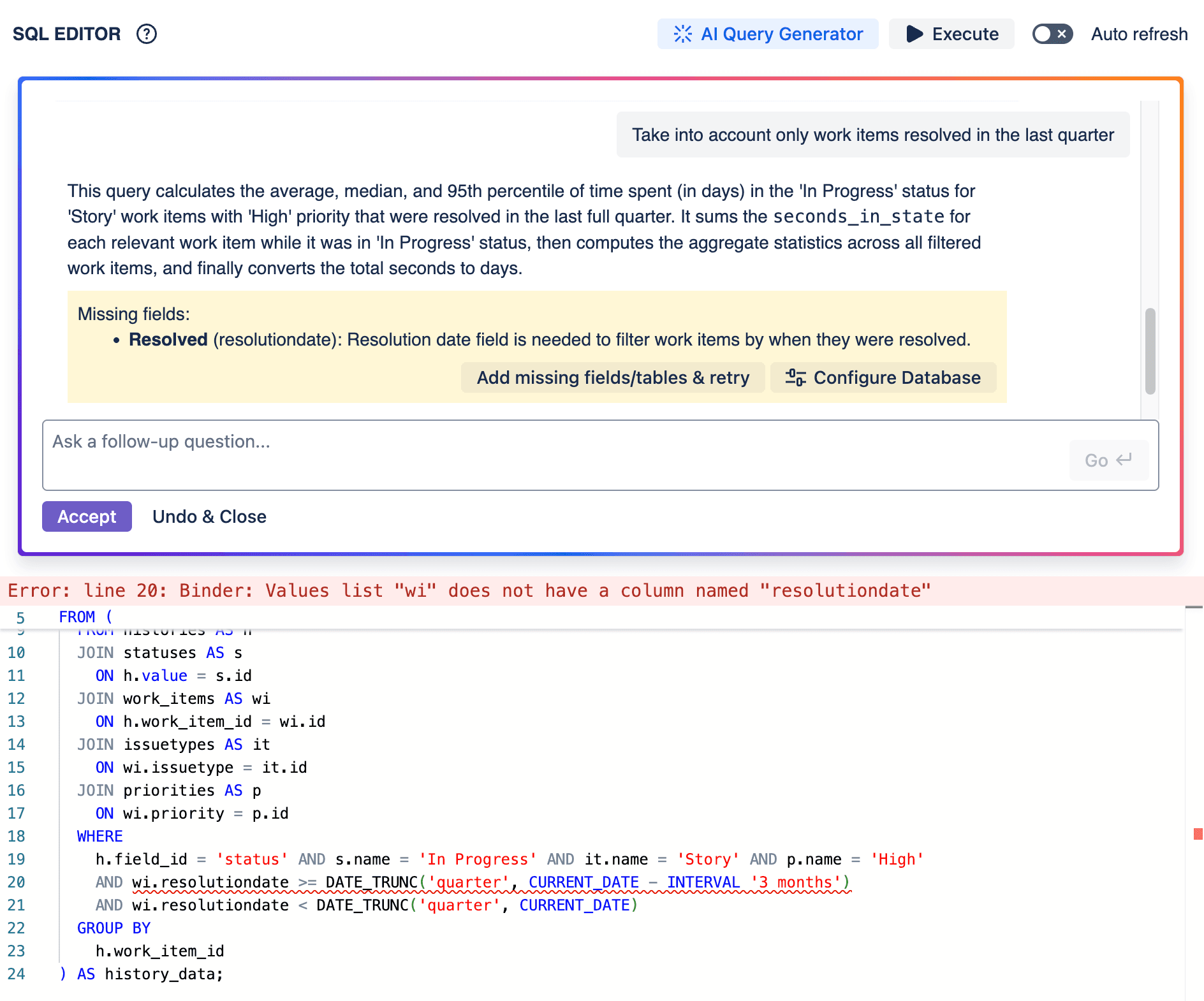 AI Query Generator suggesting adding missing fields