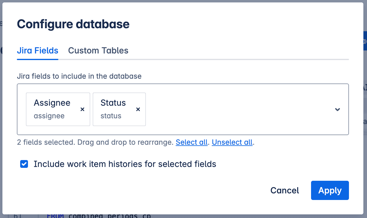Database configuration modal