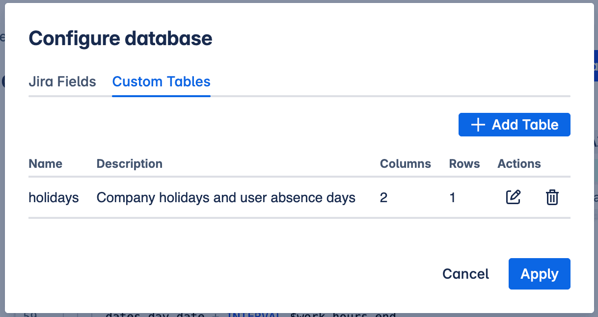 Custom tables in Configure database modal