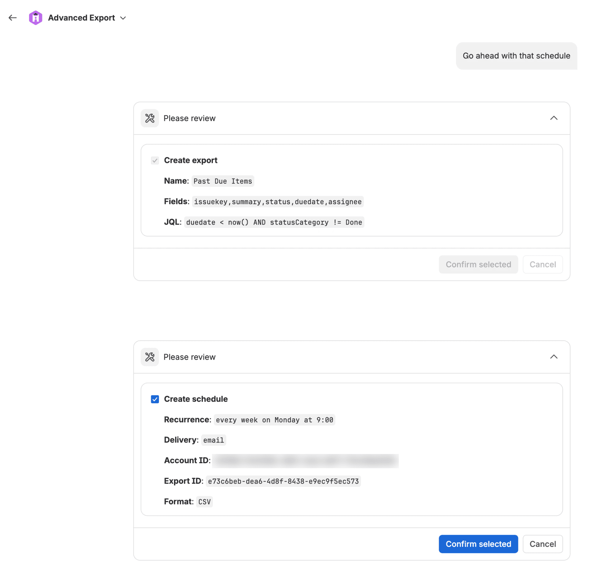 Rovo asking to confirm creating an export and a schedule