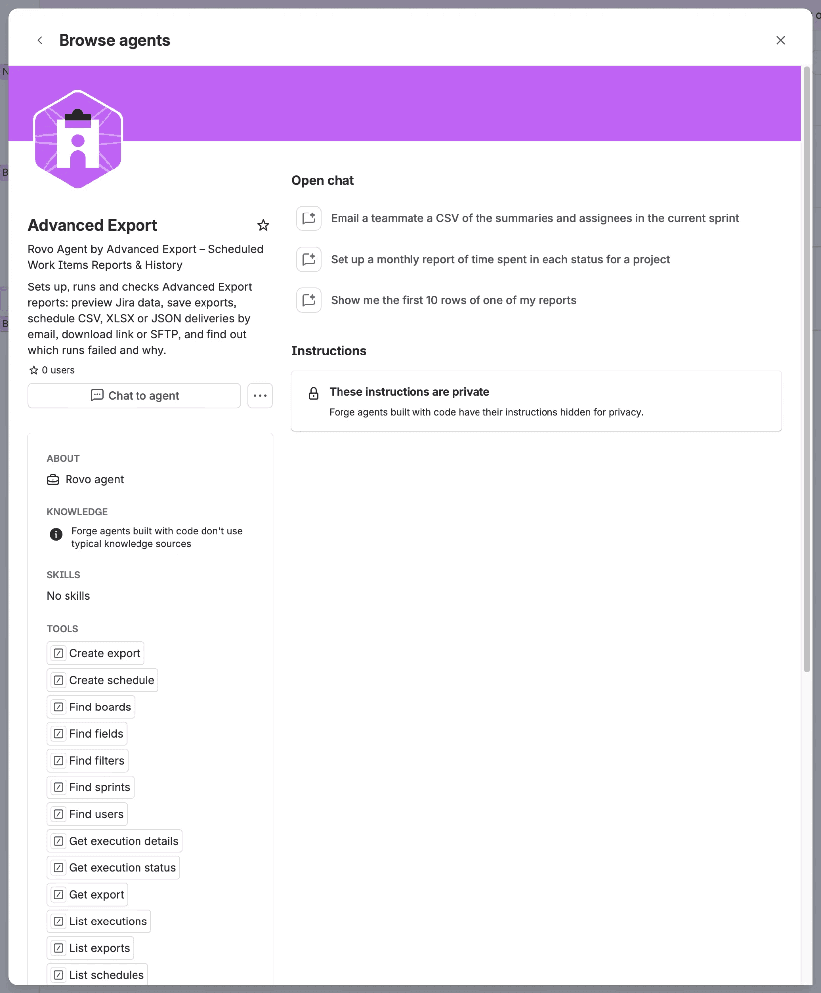 The Advanced Export agent in Rovo