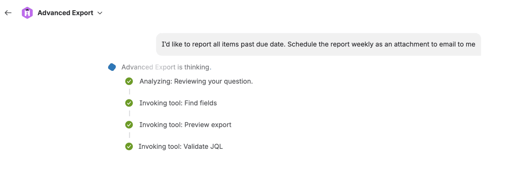 The agent looking up fields, previewing the export and validating JQL